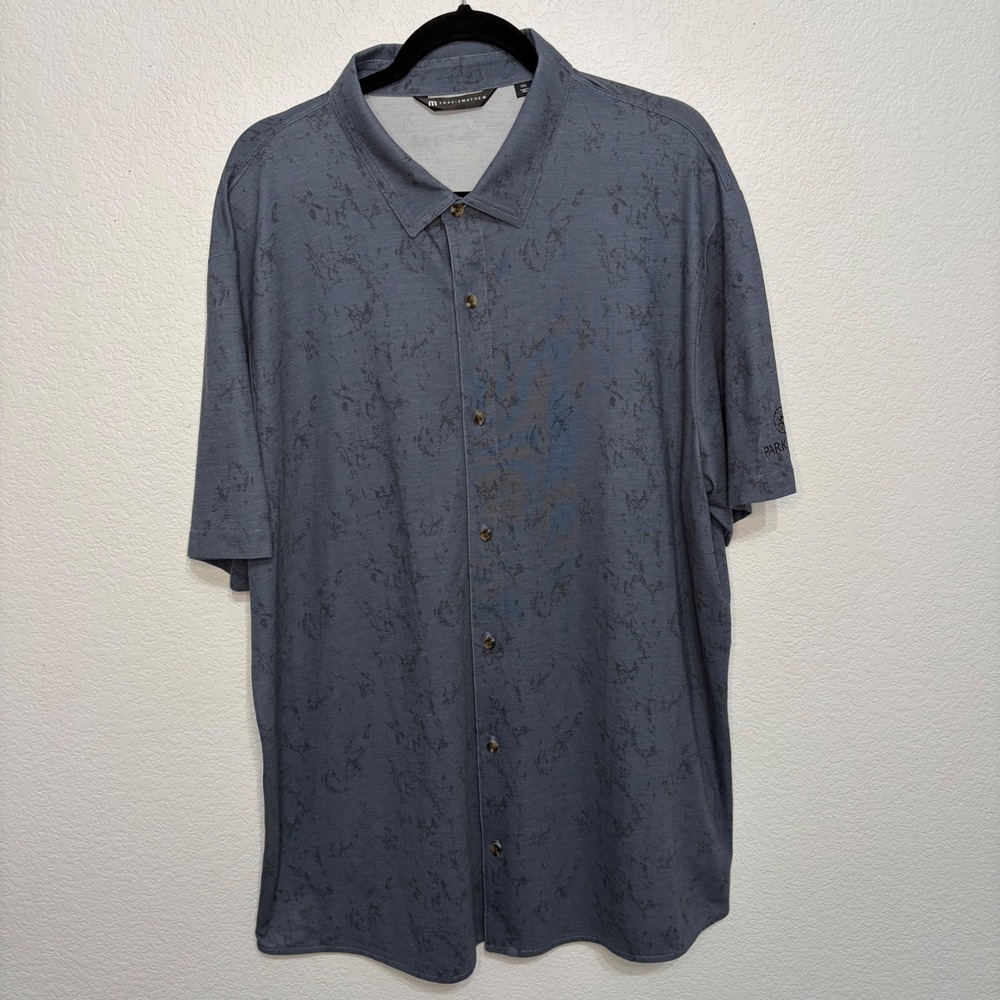 TravisMathew Mens XXL Short Sleeve Button Up Shirt Blue Grey Park MGM LogoFloral